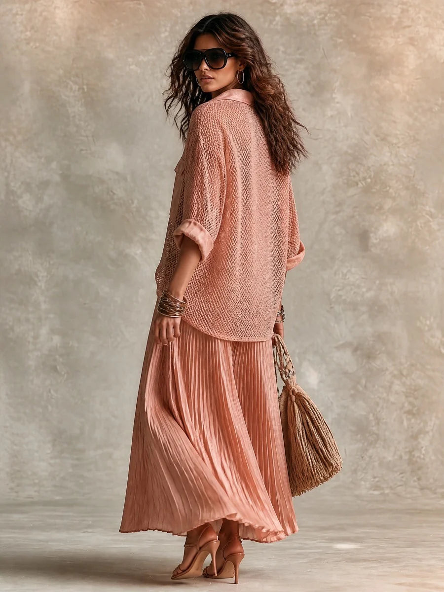 Camille | Pink Mesh Shirt &amp; Pleated Skirt Set