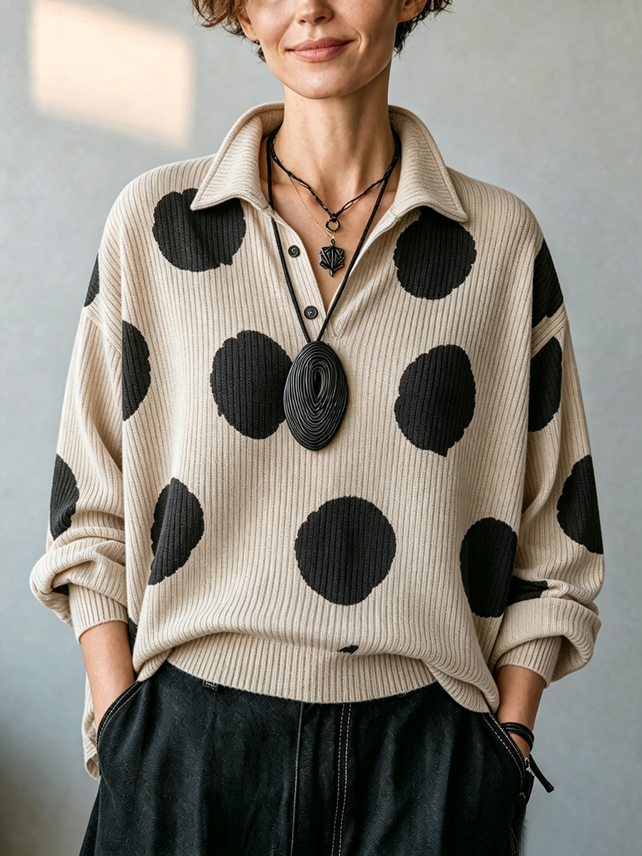 Delphine | Cozy Oversized Polka Dot Lapel Collar Knit Top