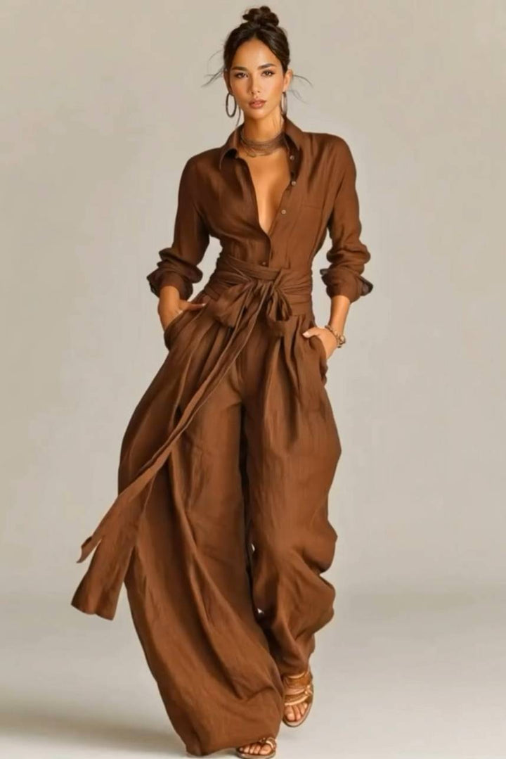 Noelle | Minimalist Shirt And Lace-Up Wide-Leg Pants Set