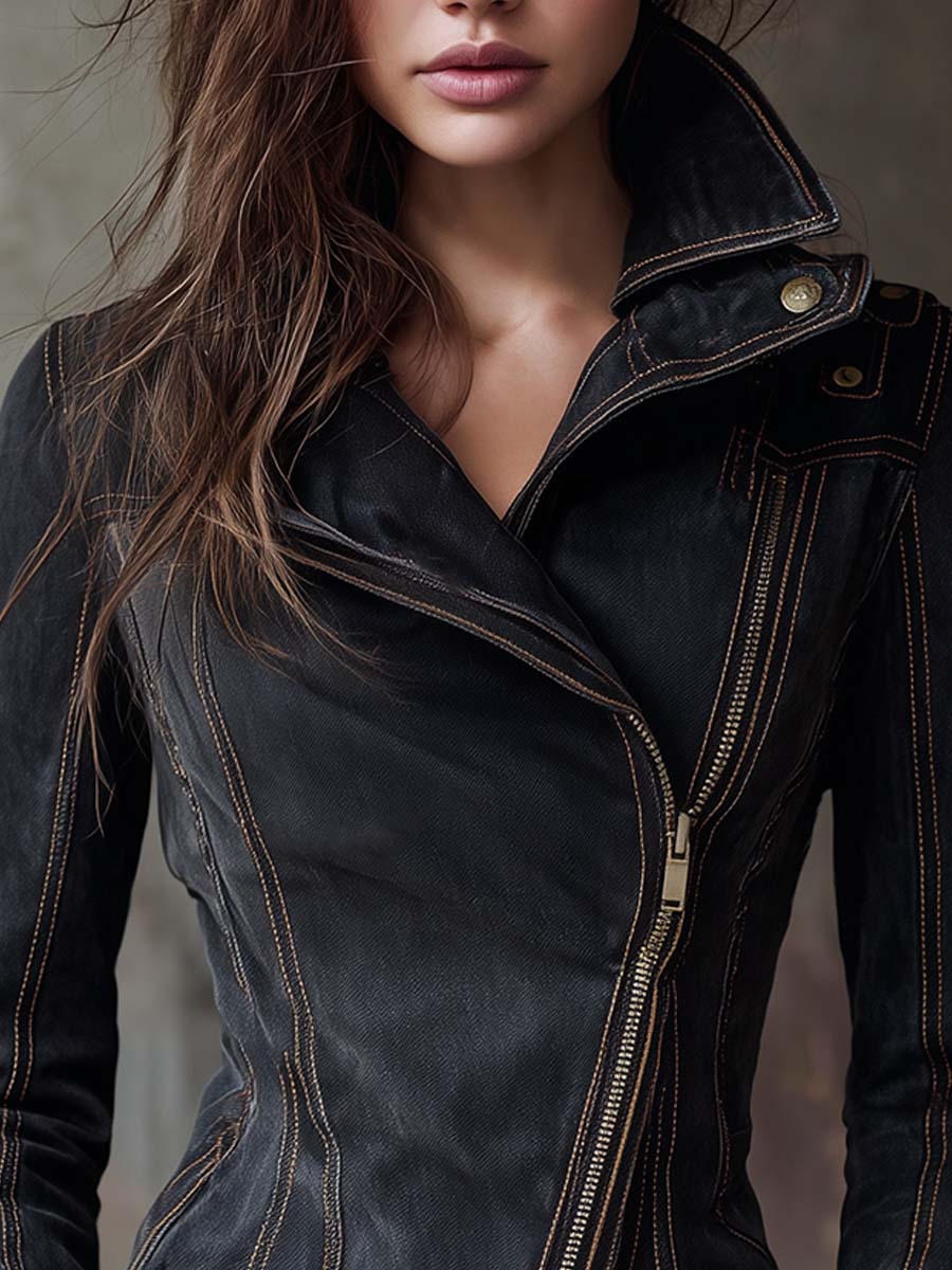 Odessa | Vintage Washed Denim Moto Jacket - Charcoal Edge