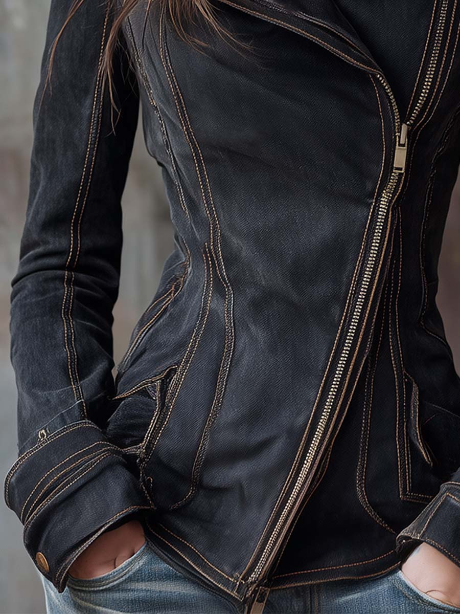 Odessa | Vintage Washed Denim Moto Jacket - Charcoal Edge