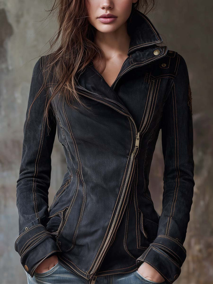 Odessa | Vintage Washed Denim Moto Jacket - Charcoal Edge