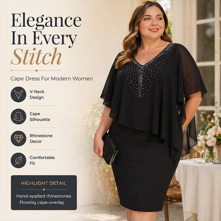 Rhinestone V-Neck Cape Dress with Chiffon Overlay