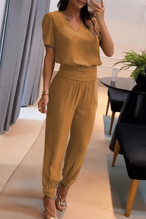 Casual V-Neck Printed Short Sleeve Long Pants Two-Piece Set