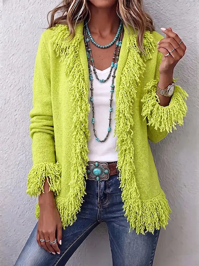 Marisol | Vibrant Chartreuse Boho Fringe Cardigan