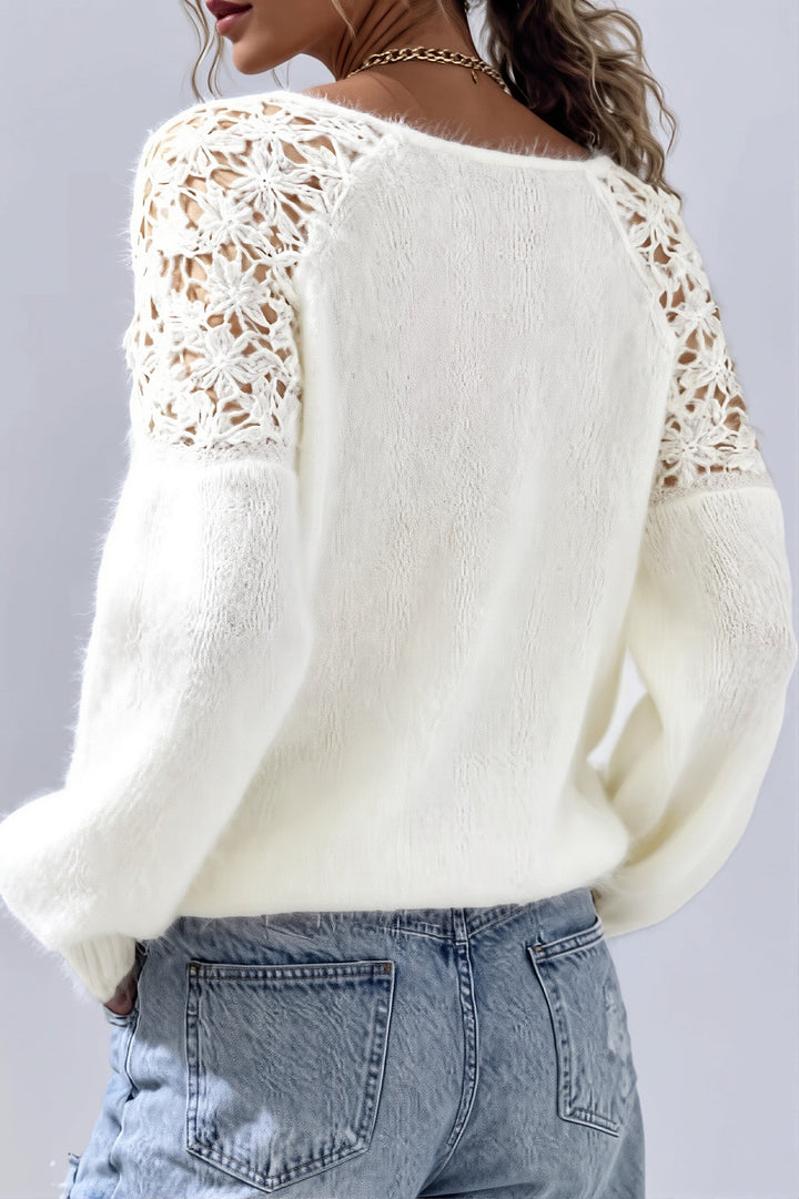 Sorrel | Lace Shoulder Fuzzy Relaxed Pullover Sweater