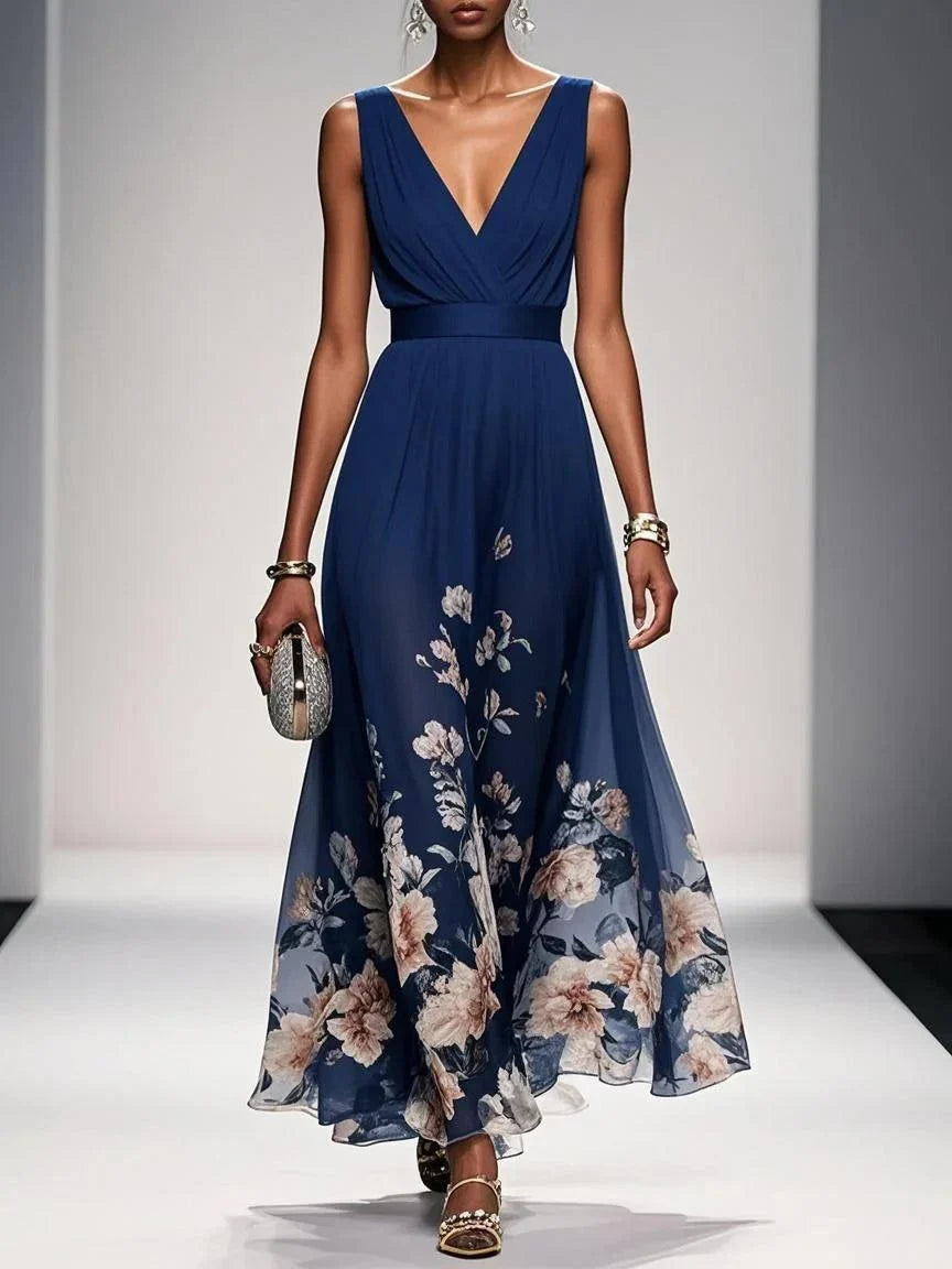 Light Blue Floral Chiffon V Neck Sleeveless A-Line Maxi Dress