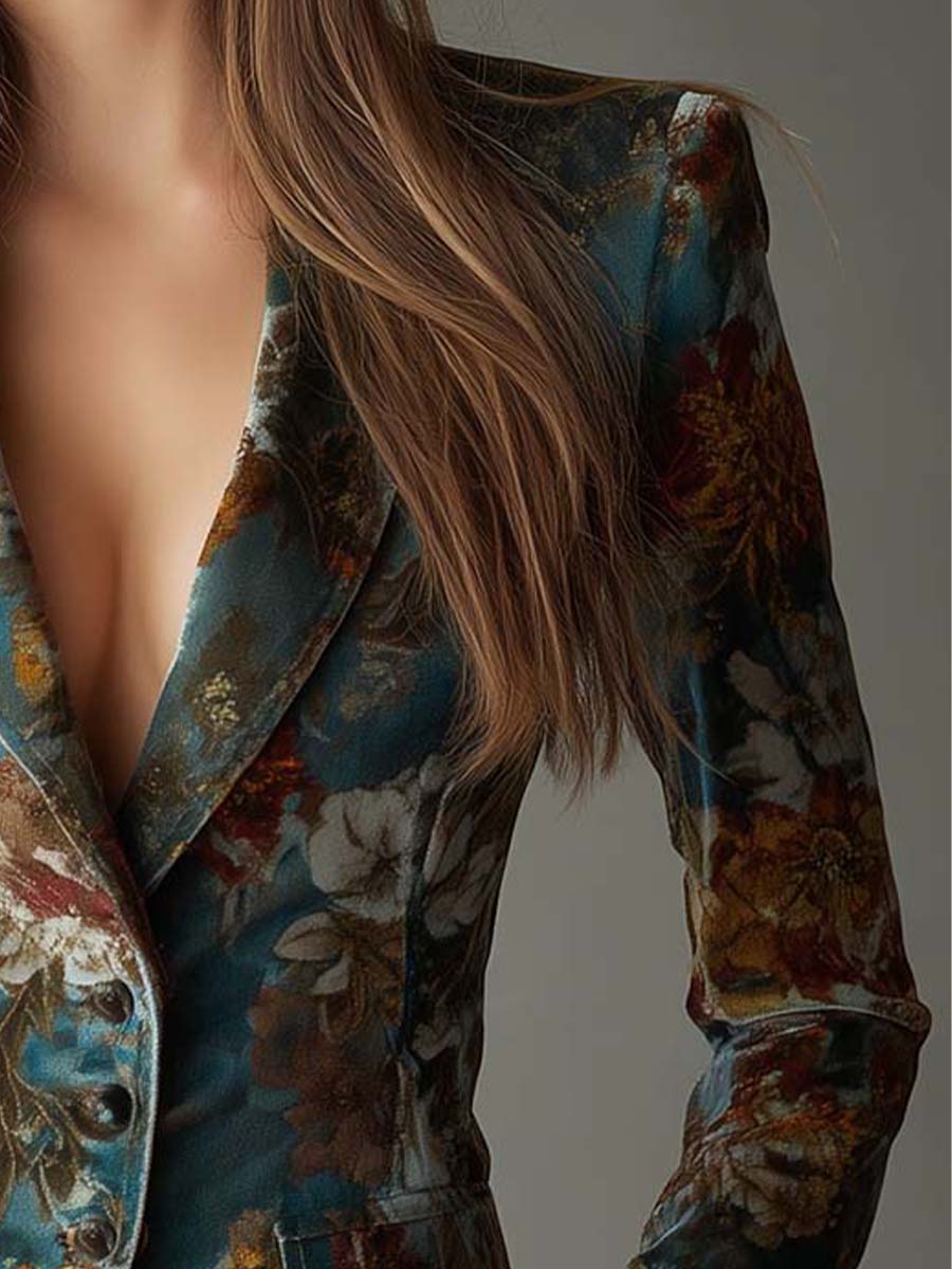 Theodora | Vintage Teal Floral Velvet Tailored Blazer