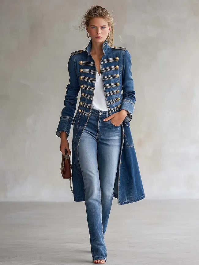 Valentina | Vintage Washed Denim Military Officer Longline Gold-Button Fitted Coat