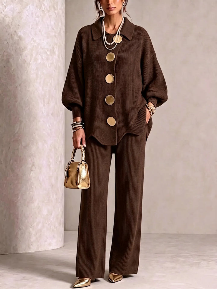 Guinevere | Collared Large Metal-Button Knit Cardigan &amp; Wide-Leg Pants Two-Piece Set