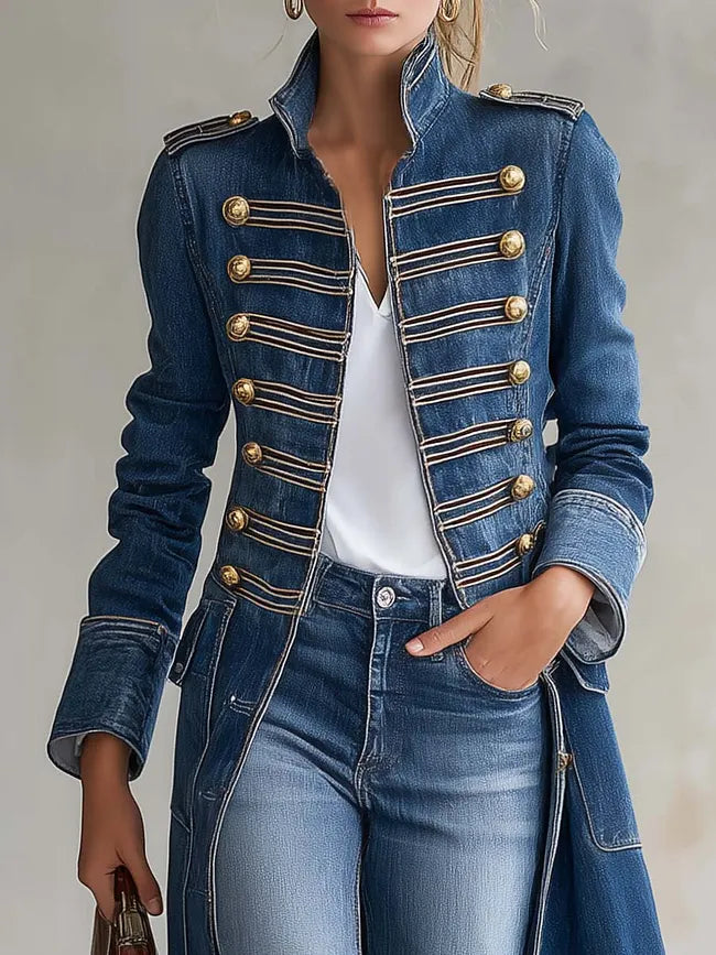 Valentina | Vintage Washed Denim Military Officer Longline Gold-Button Fitted Coat