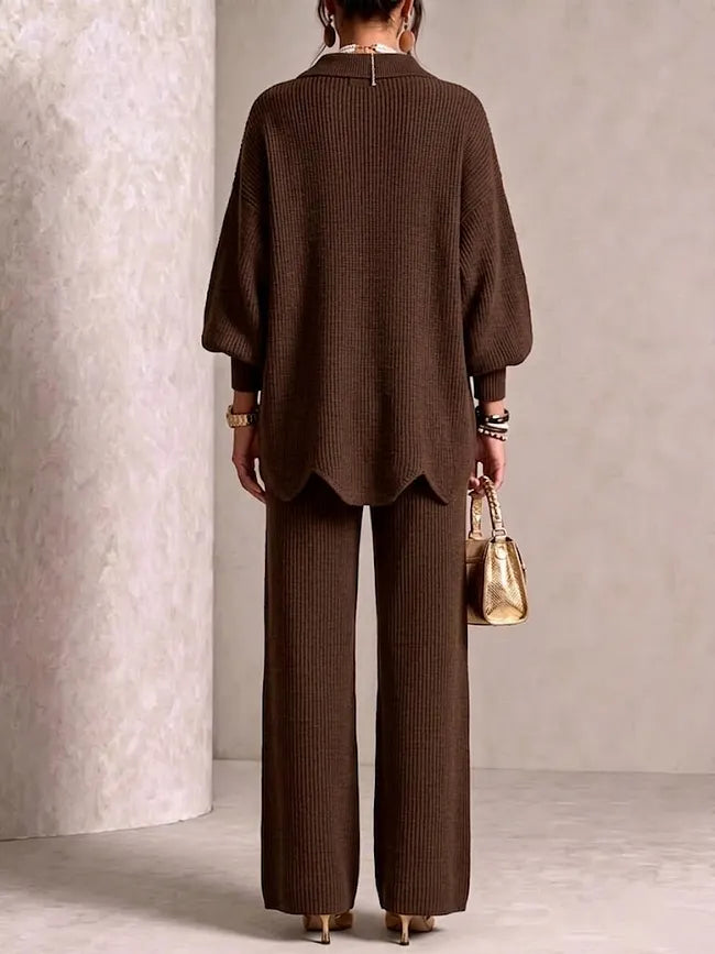 Guinevere | Collared Large Metal-Button Knit Cardigan &amp; Wide-Leg Pants Two-Piece Set