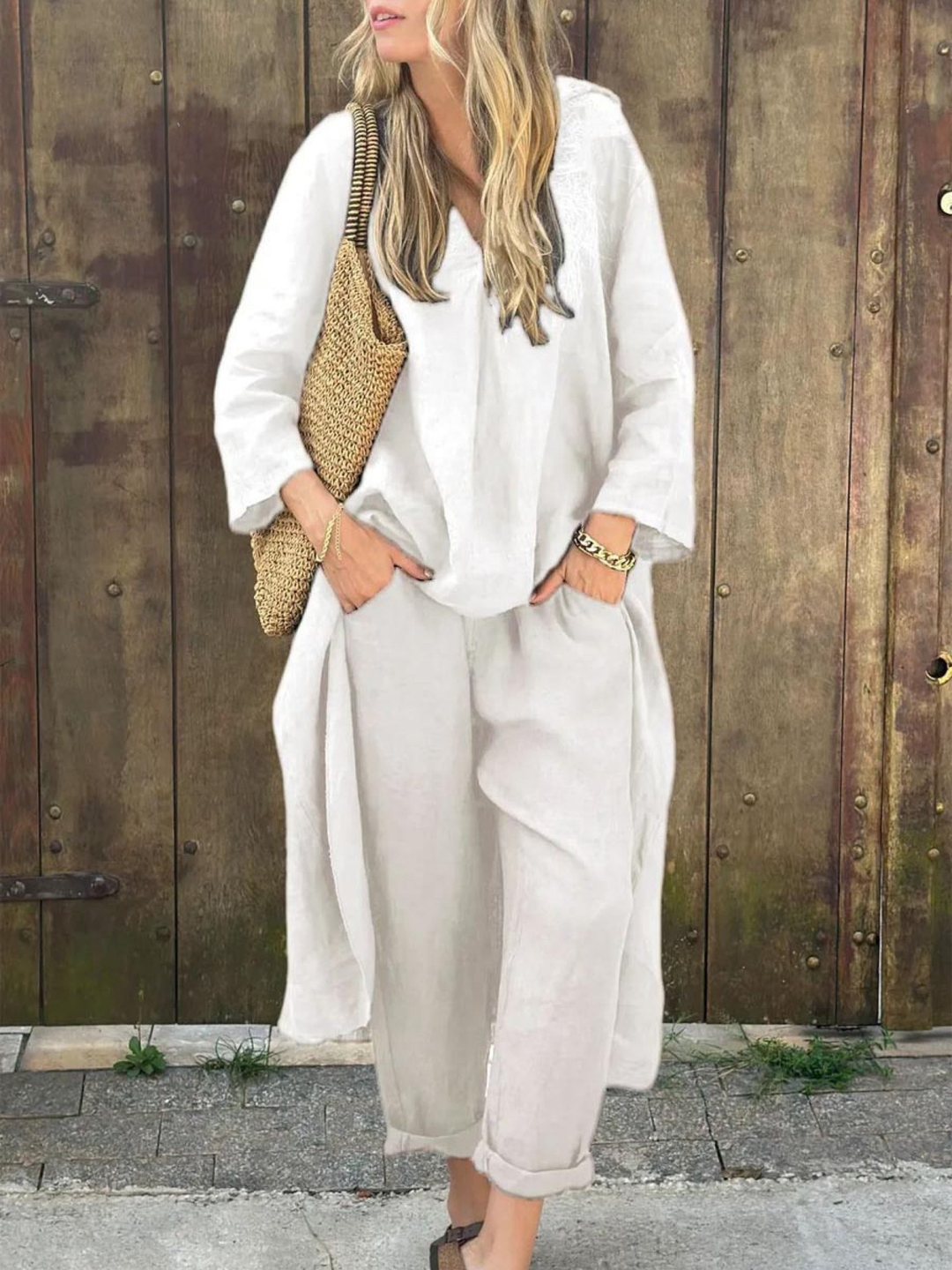 Linen Irregular Loose V-neck Top and High-Waisted Pocket Wide-leg Pants Set