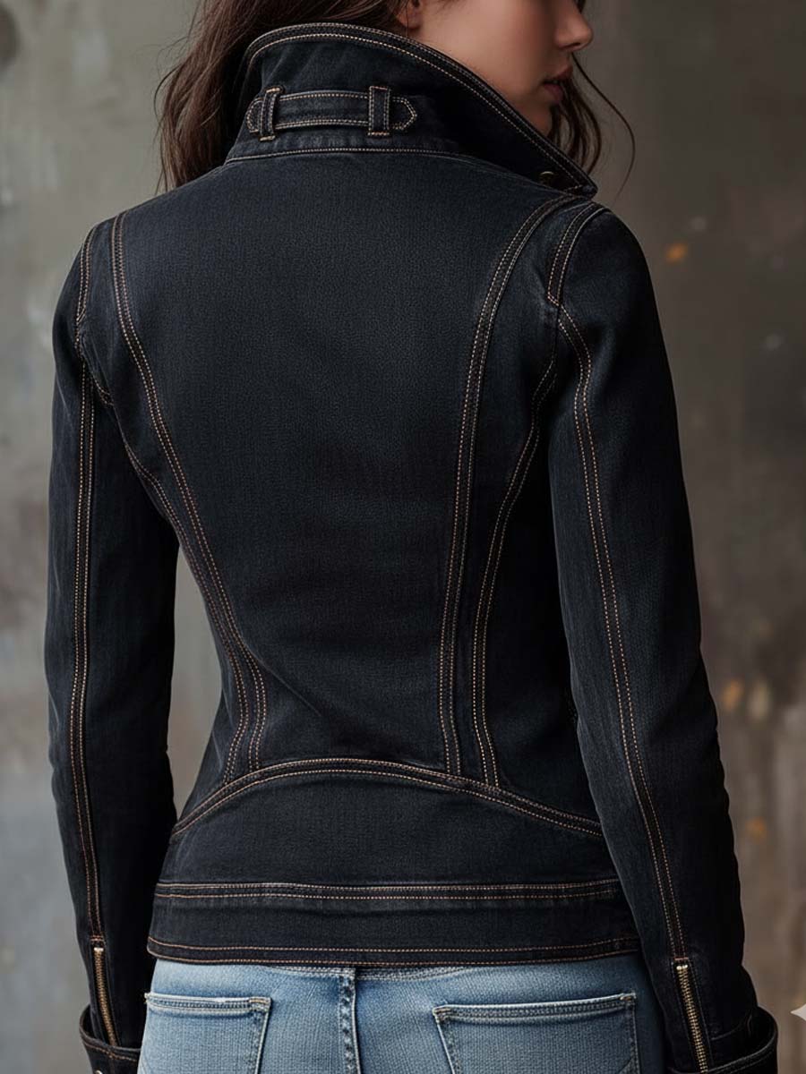 Odessa | Vintage Washed Denim Moto Jacket - Charcoal Edge
