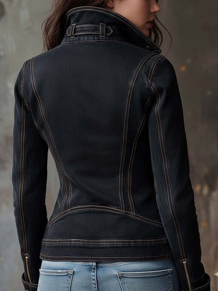 Odessa | Vintage Washed Denim Moto Jacket - Charcoal Edge