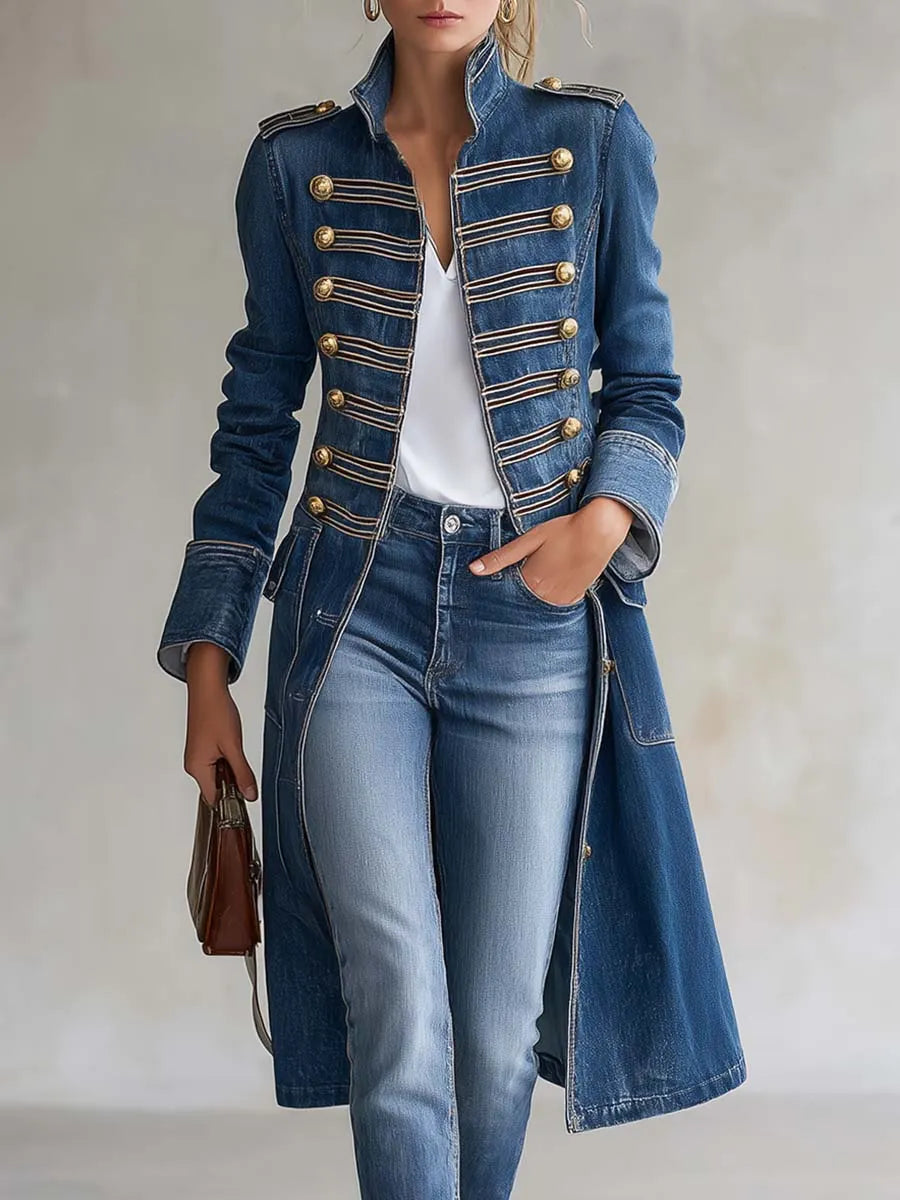 Valentina | Vintage Washed Denim Military Officer Longline Gold-Button Fitted Coat