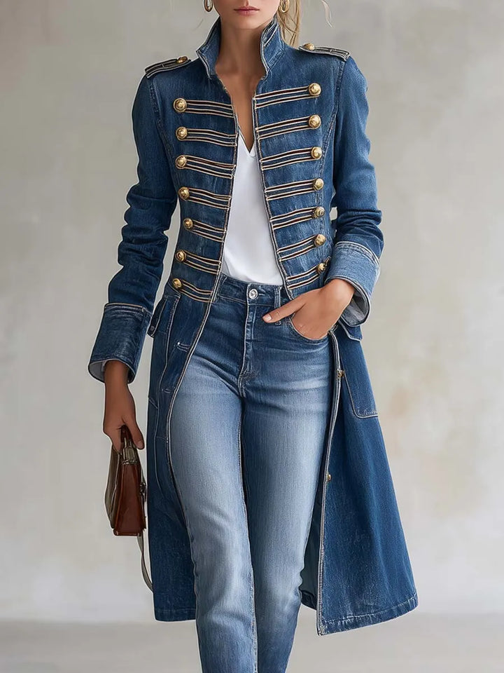 Valentina | Vintage Washed Denim Military Officer Longline Gold-Button Fitted Coat
