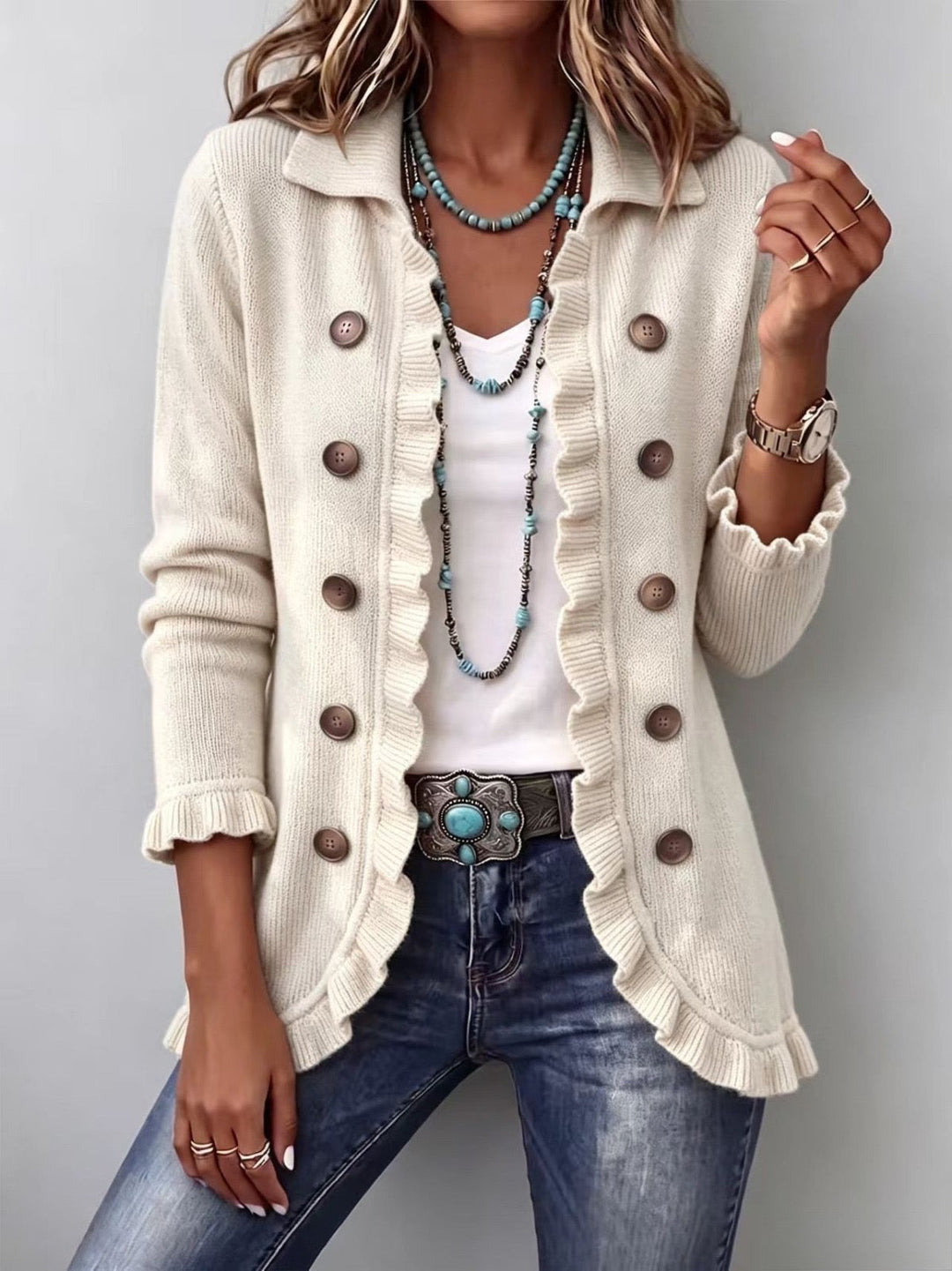 Victoire | Ruffled Ribbed Knit Jacket in Ivory