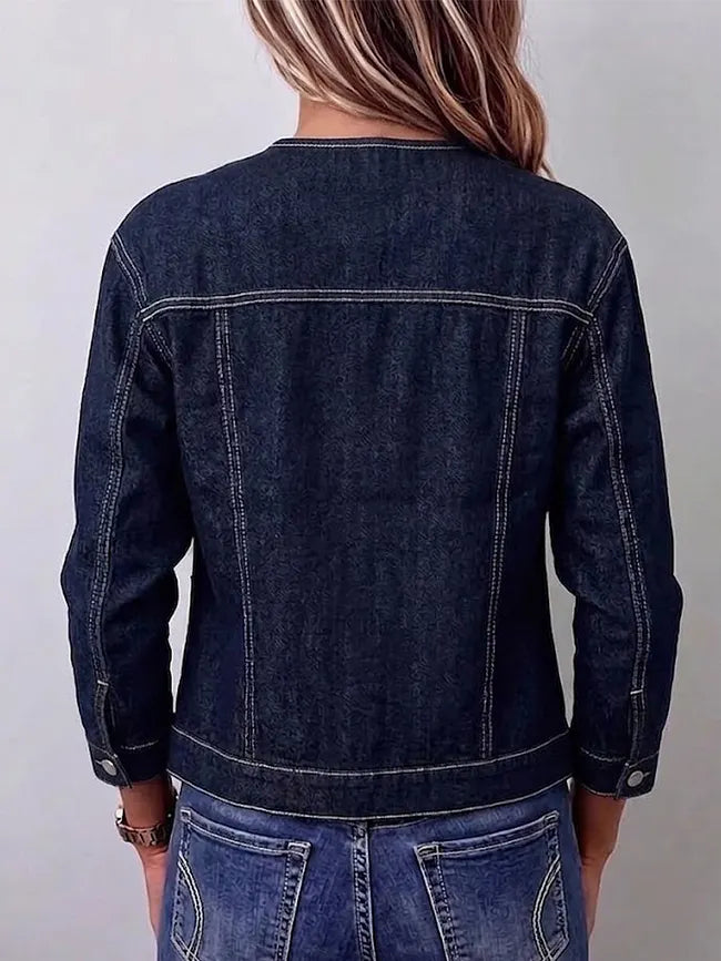 Juliette | Bead-Trimmed Round-Neck Denim Jacket
