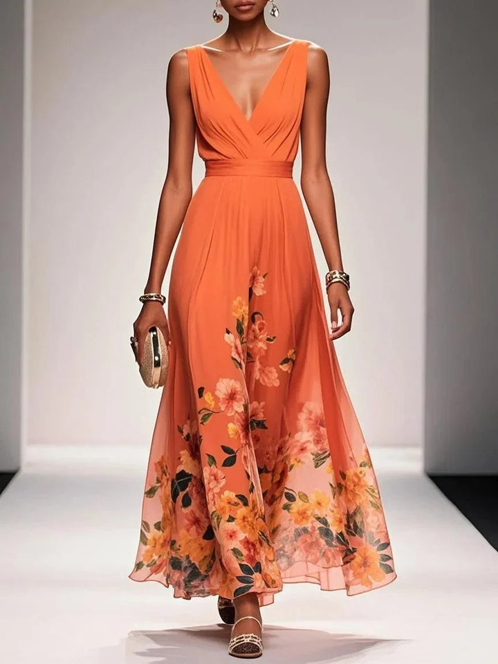 Light Blue Floral Chiffon V Neck Sleeveless A-Line Maxi Dress