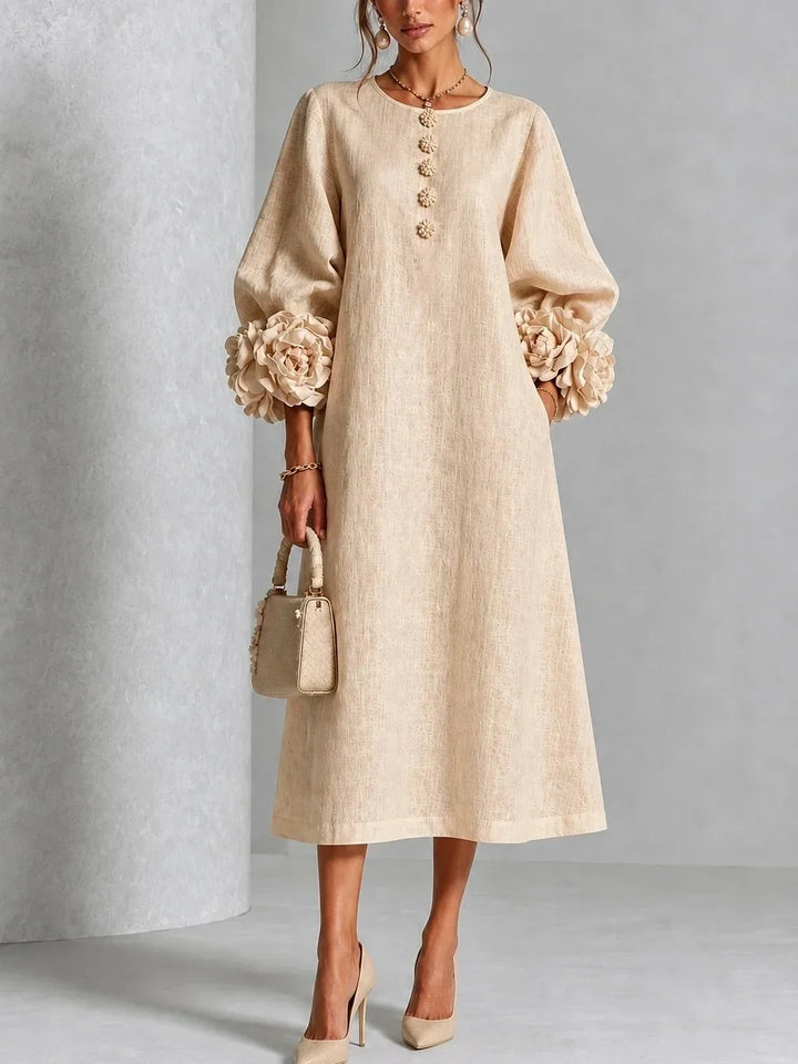 Adeline | 3D Floral O-Neck Lantern-Sleeve Midi Dress for Women