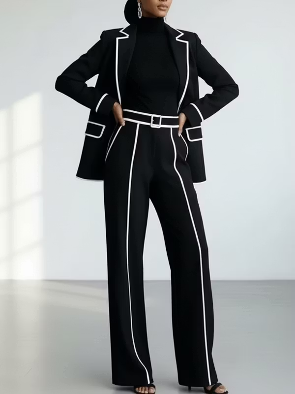 Black Contrast‑Piping Blazer &amp; Wide‑Leg Trouser Two‑Piece Suit Set