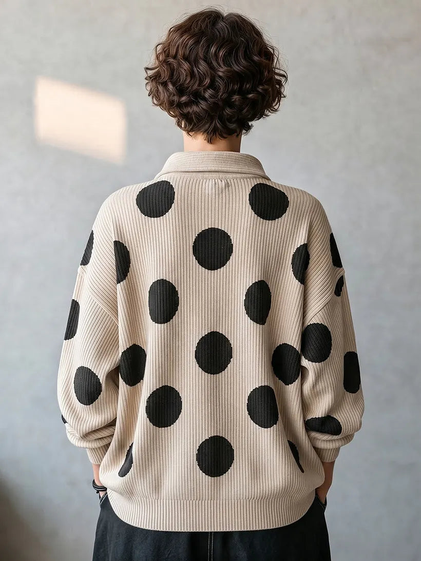 Delphine | Cozy Oversized Polka Dot Lapel Collar Knit Top