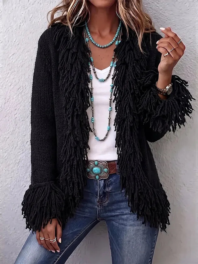 Rosamund | Cozy Beige Fringe Trim Open-Front Knit Cardigan
