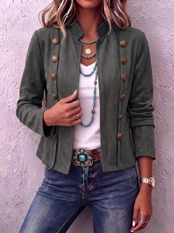 Thea | Stand Collar Double-Breasted Suede Vintage Cropped Jacket