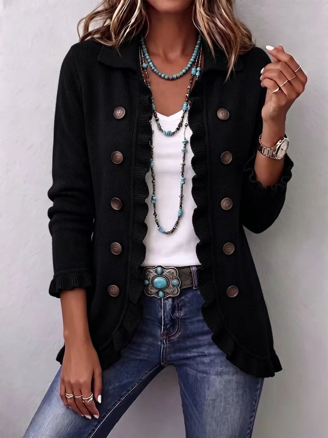 Zélie | Ruffled Ribbed Knit Jacket in Deep Black
