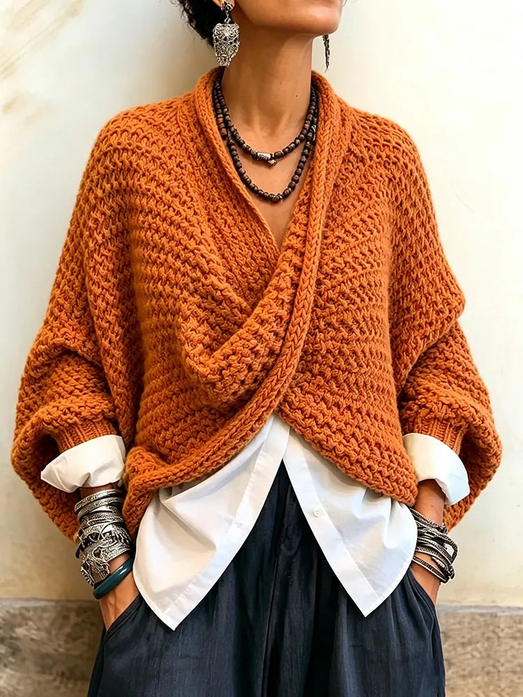 Florentine | Cozy Relaxed Batwing Sleeves Crossover V-Neck Sweater