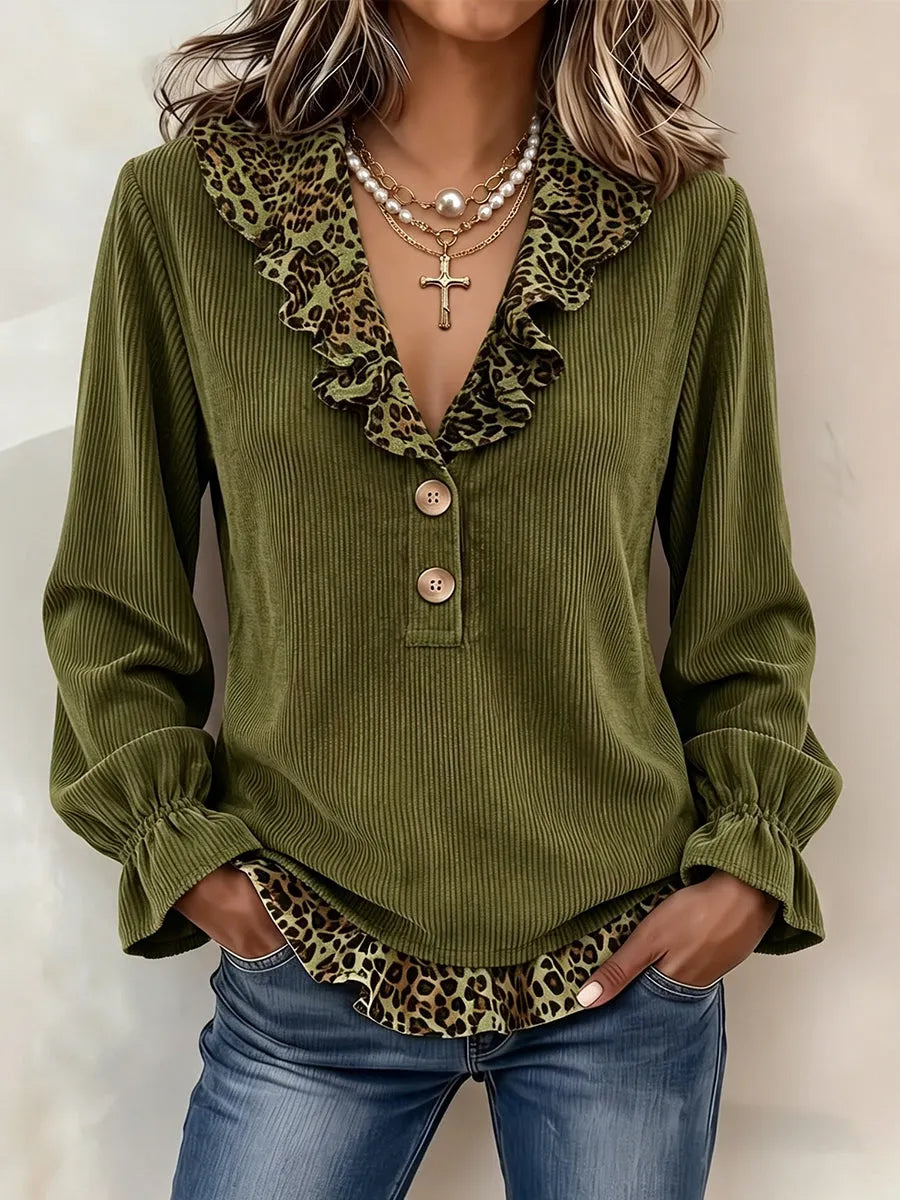 Marguerite | Chic Leopard-Trim Corduroy Blouse
