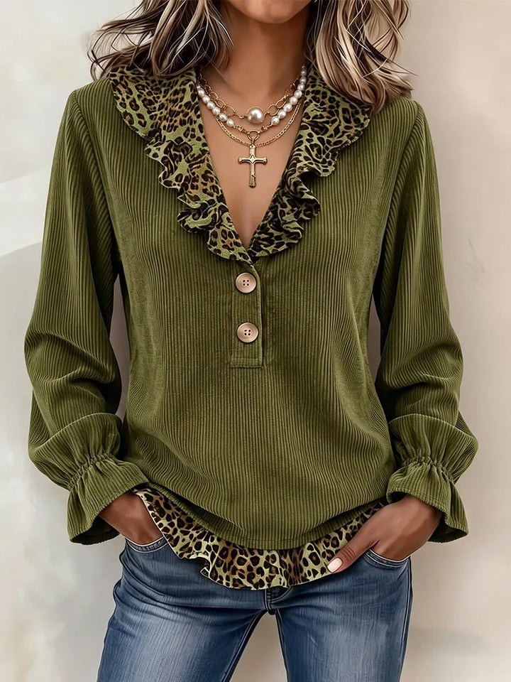 Marguerite | Chic Leopard-Trim Corduroy Blouse