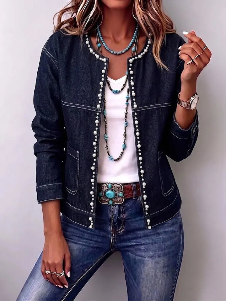 Juliette | Bead-Trimmed Round-Neck Denim Jacket