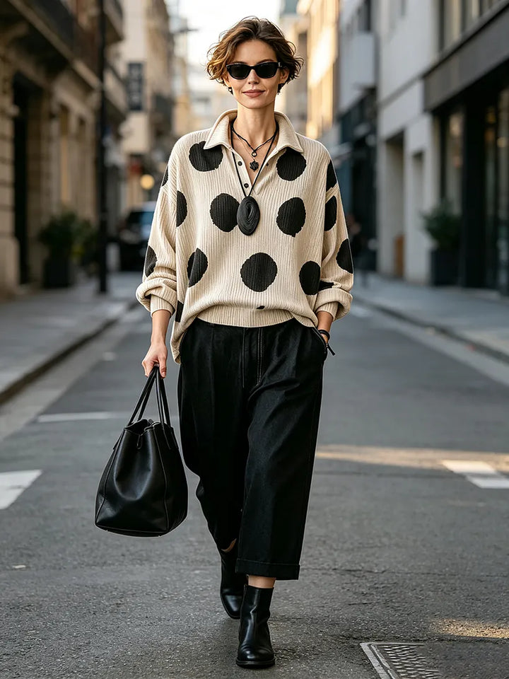 Delphine | Cozy Oversized Polka Dot Lapel Collar Knit Top