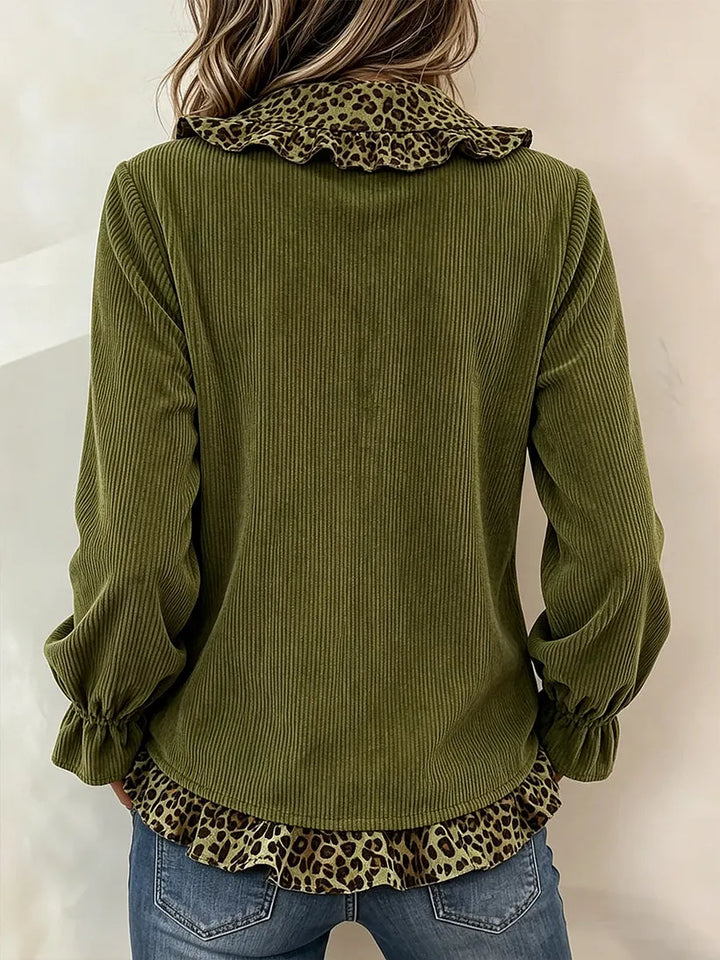 Marguerite | Chic Leopard-Trim Corduroy Blouse