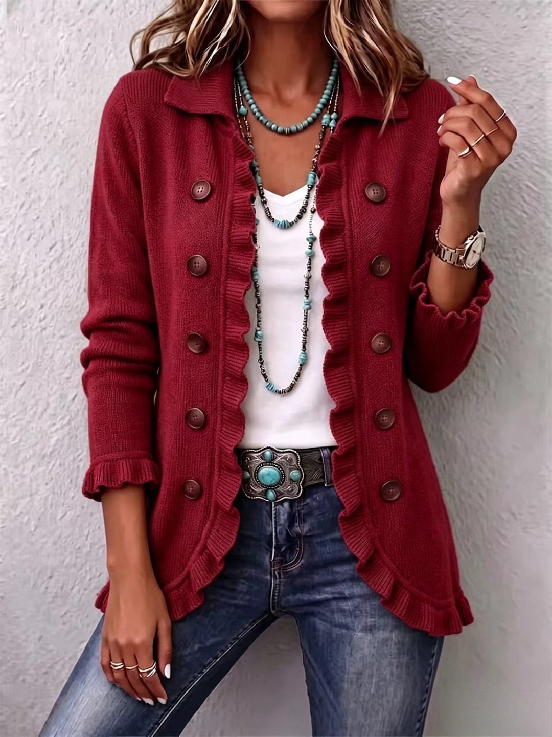 Marthe | Ruffled Ribbed Knit Jacket in Ruby Red