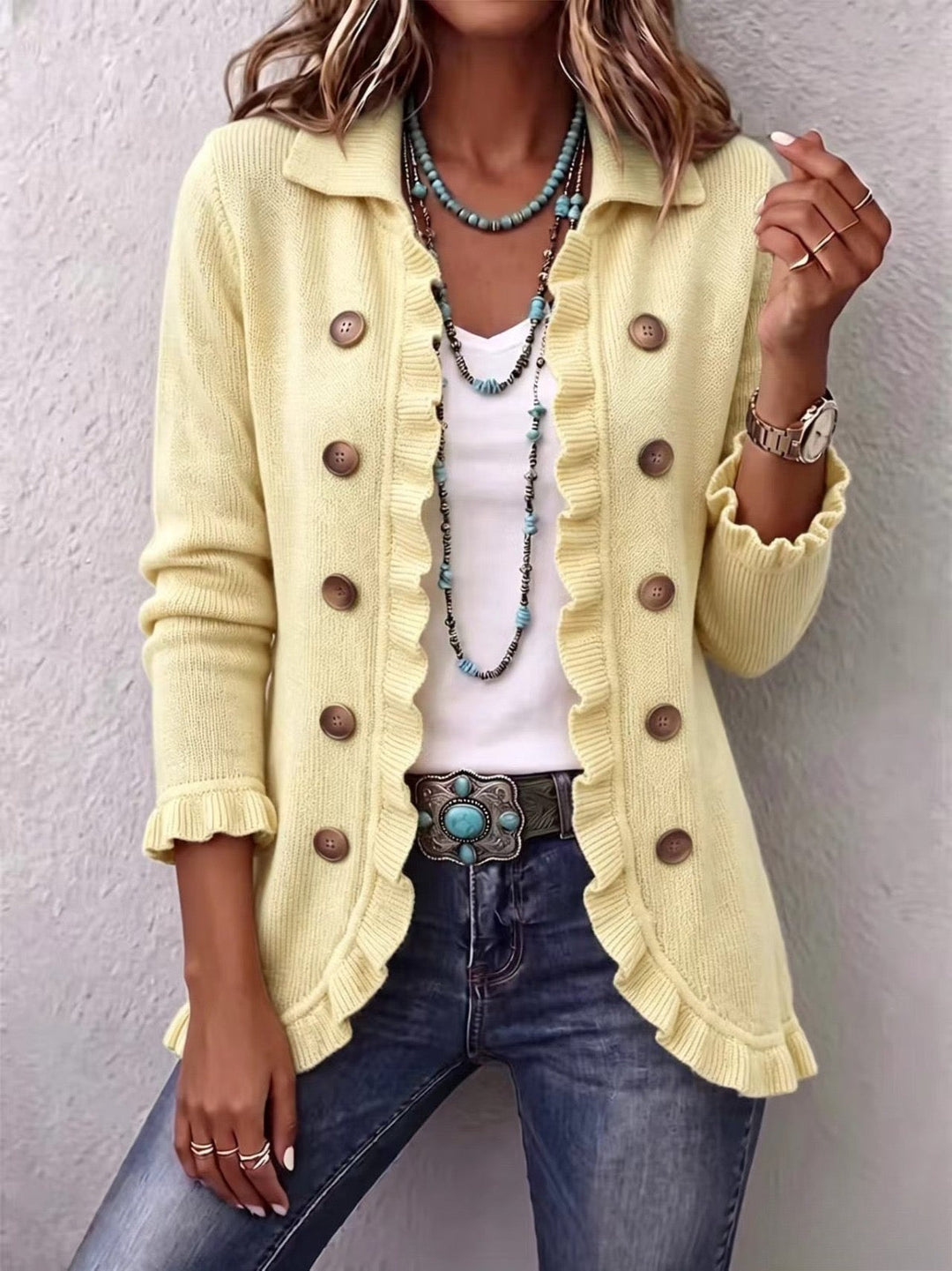 Orlane | Ruffled Ribbed Knit Jacket in Cream