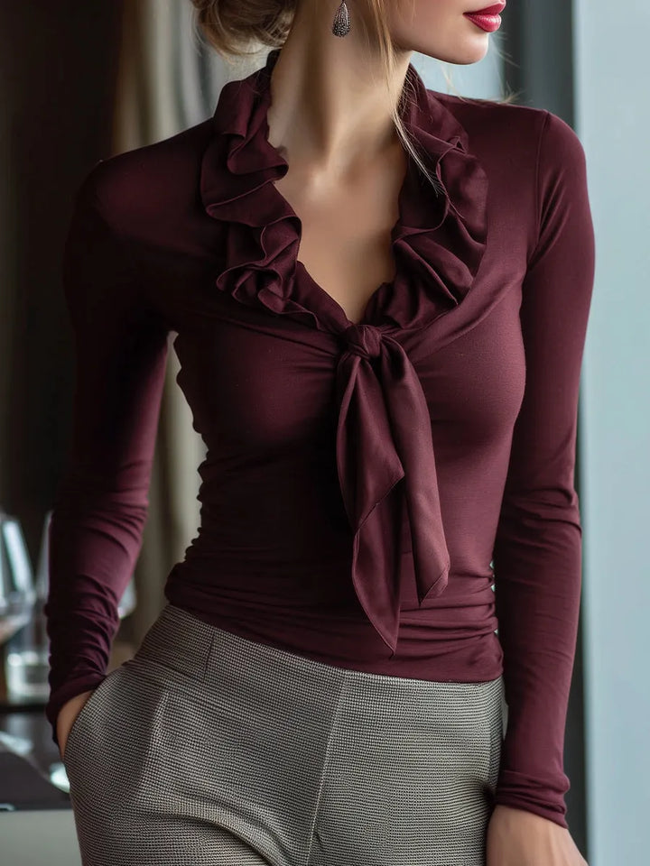 Arabella | Chic Ruffled Neckline Tie-Front Long-Sleeve Top