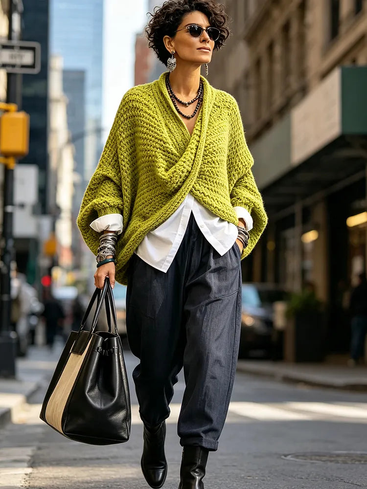 Florentine | Cozy Relaxed Batwing Sleeves Crossover V-Neck Sweater