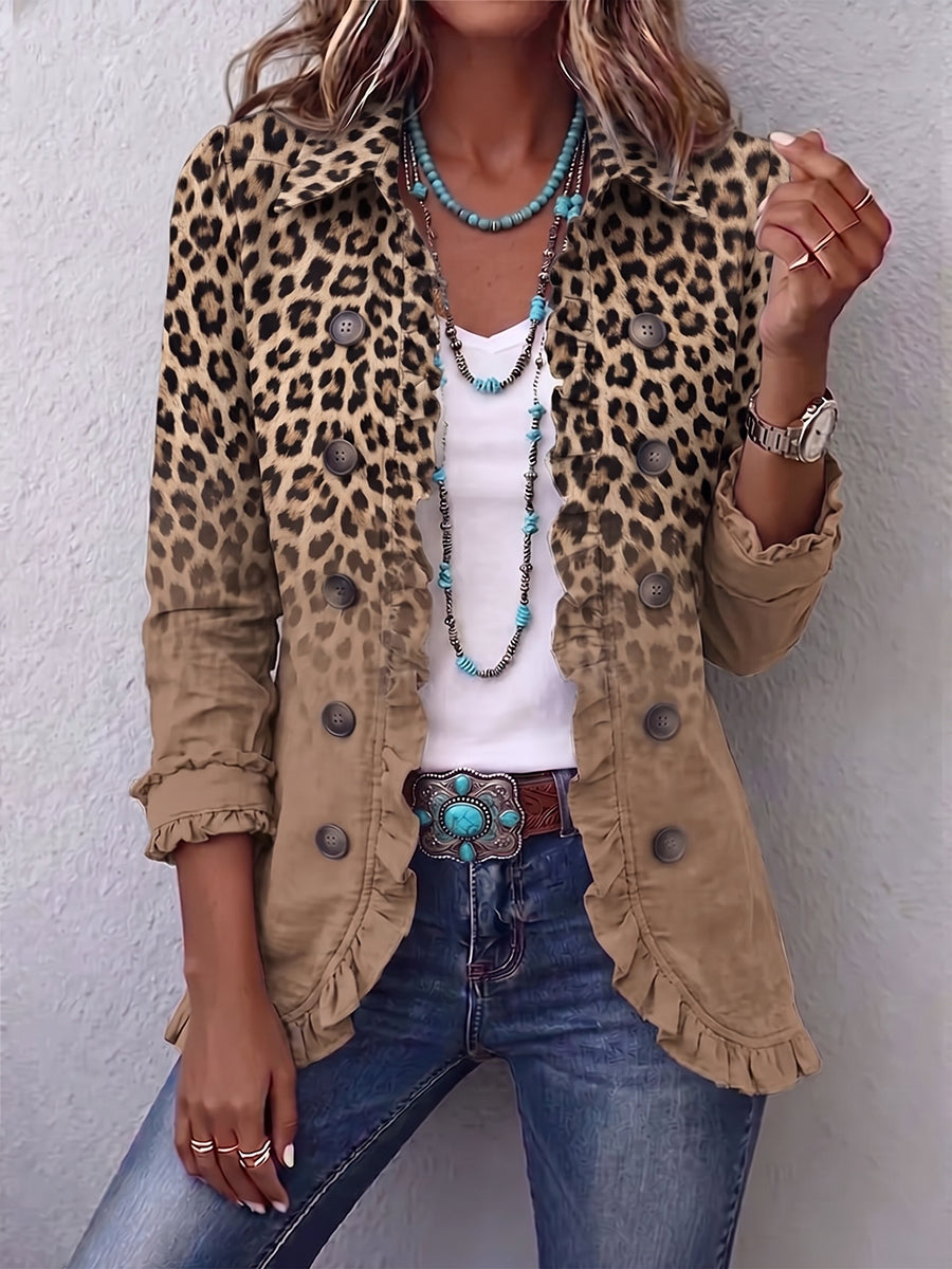 Donatienne | Vintage Ombre Leopard Jacket in Camel with Ruffles