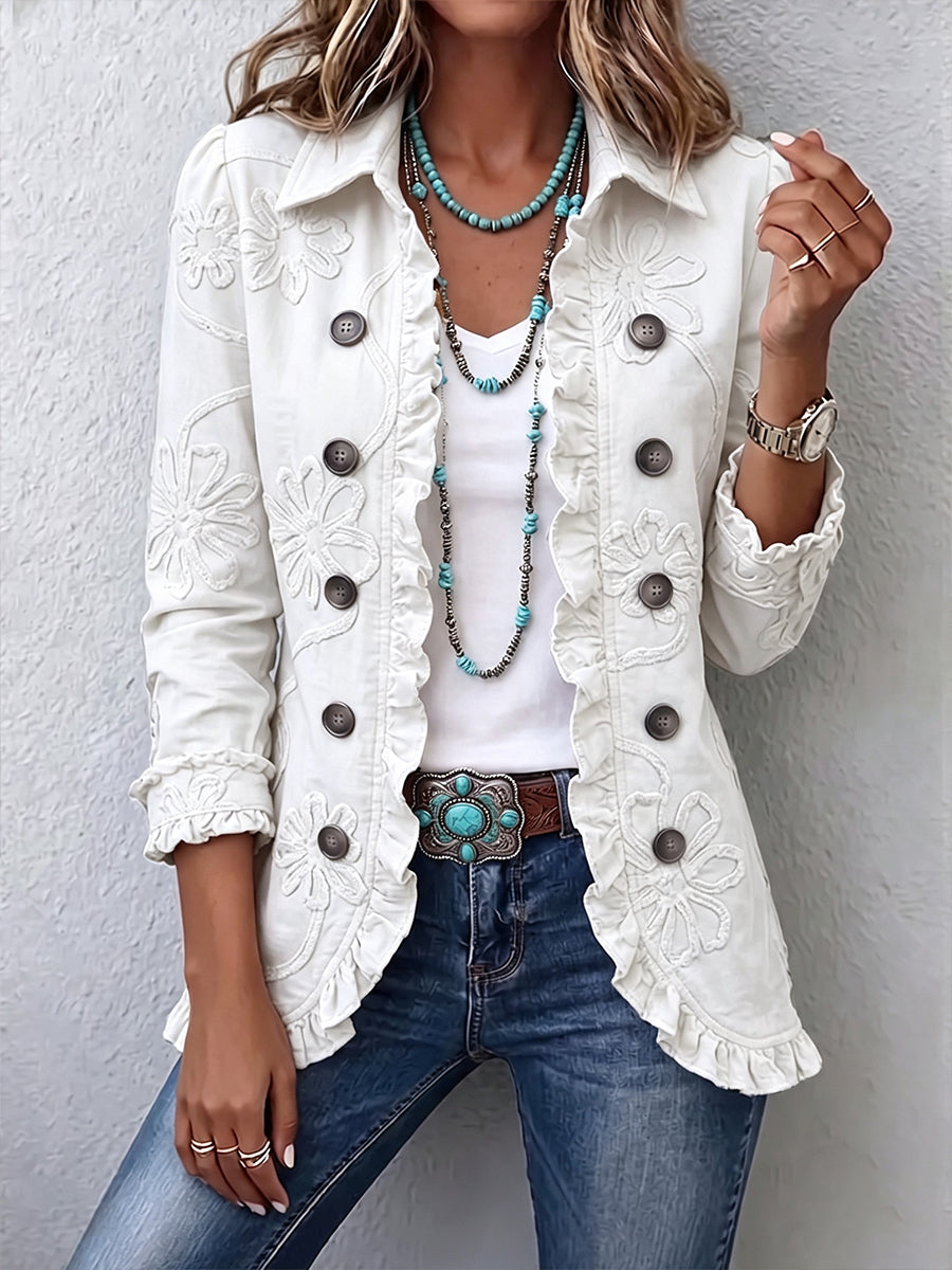 Camille | Boho-Chic Embroidered Floral Jacket in Ivory with Gathered Details