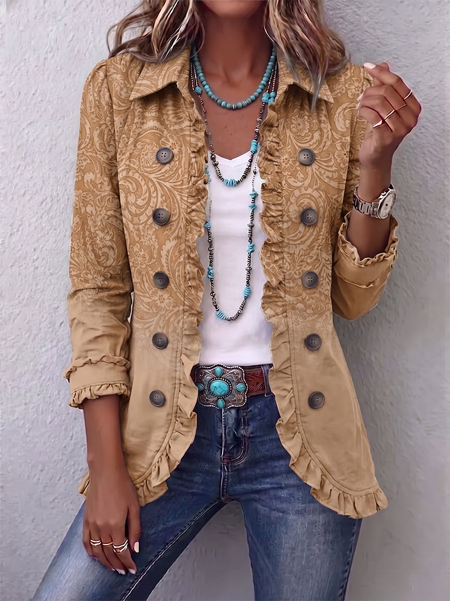 Claire | Western Print Jacket in Khaki with Ruffles