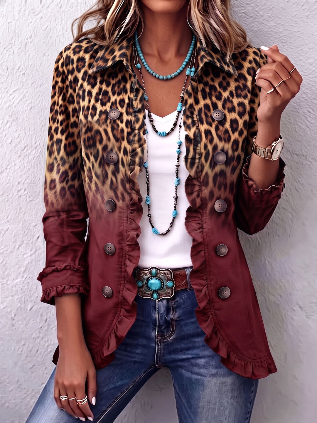 Olivia | Ruffled Ombre Leopard Blazer in Wine