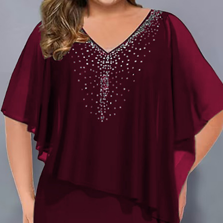 Rhinestone V-Neck Cape Dress with Chiffon Overlay